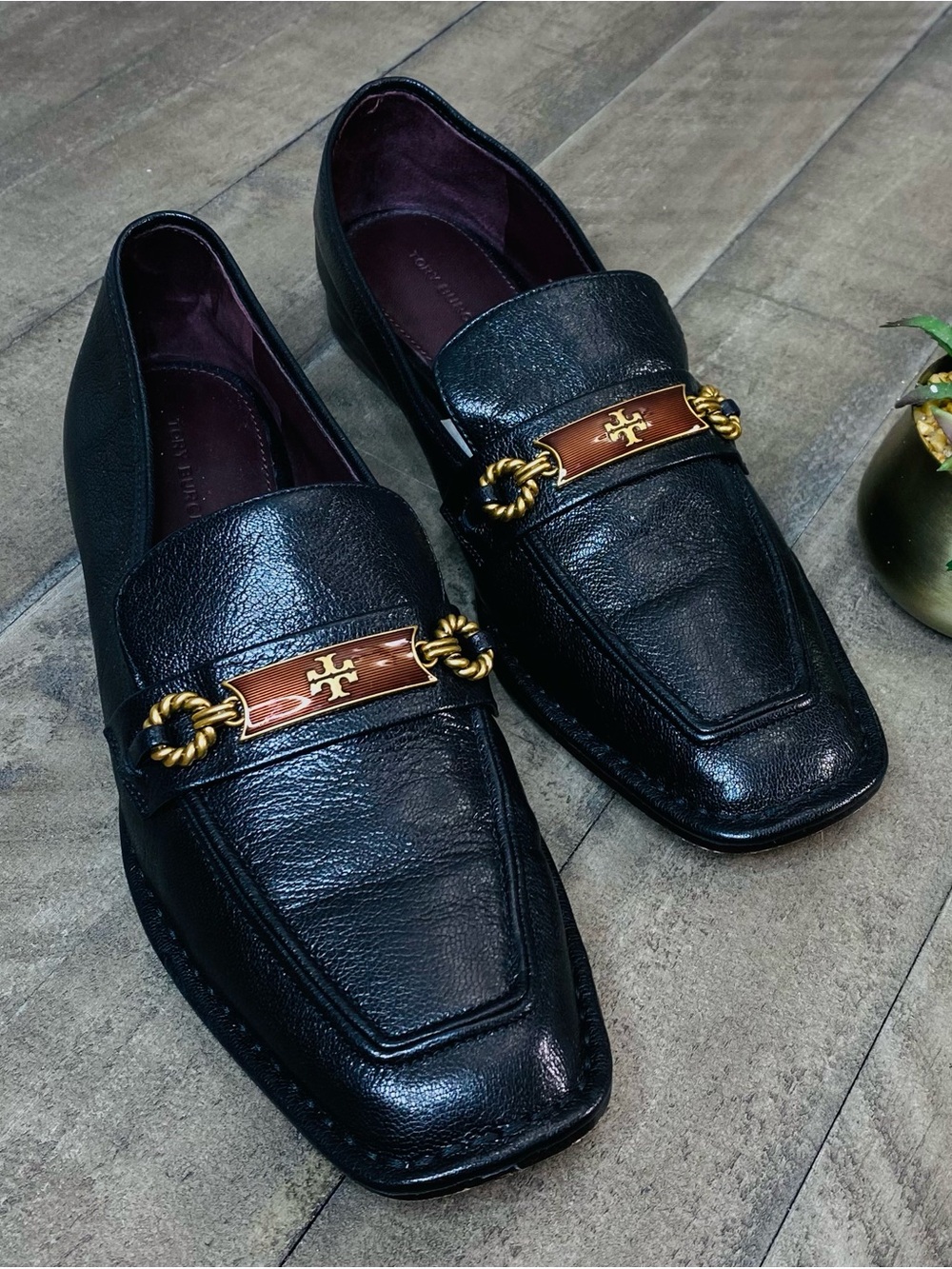Tory Burch Size 9.5 Perrine Loafer Shoes Square Toe Logo Leather Perfect Black